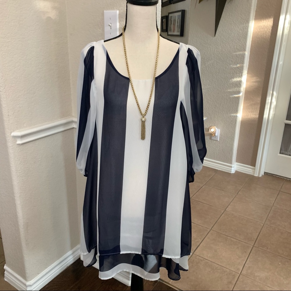Lucy Love navy & white striped sheer chiffon layered midi Dress Size L